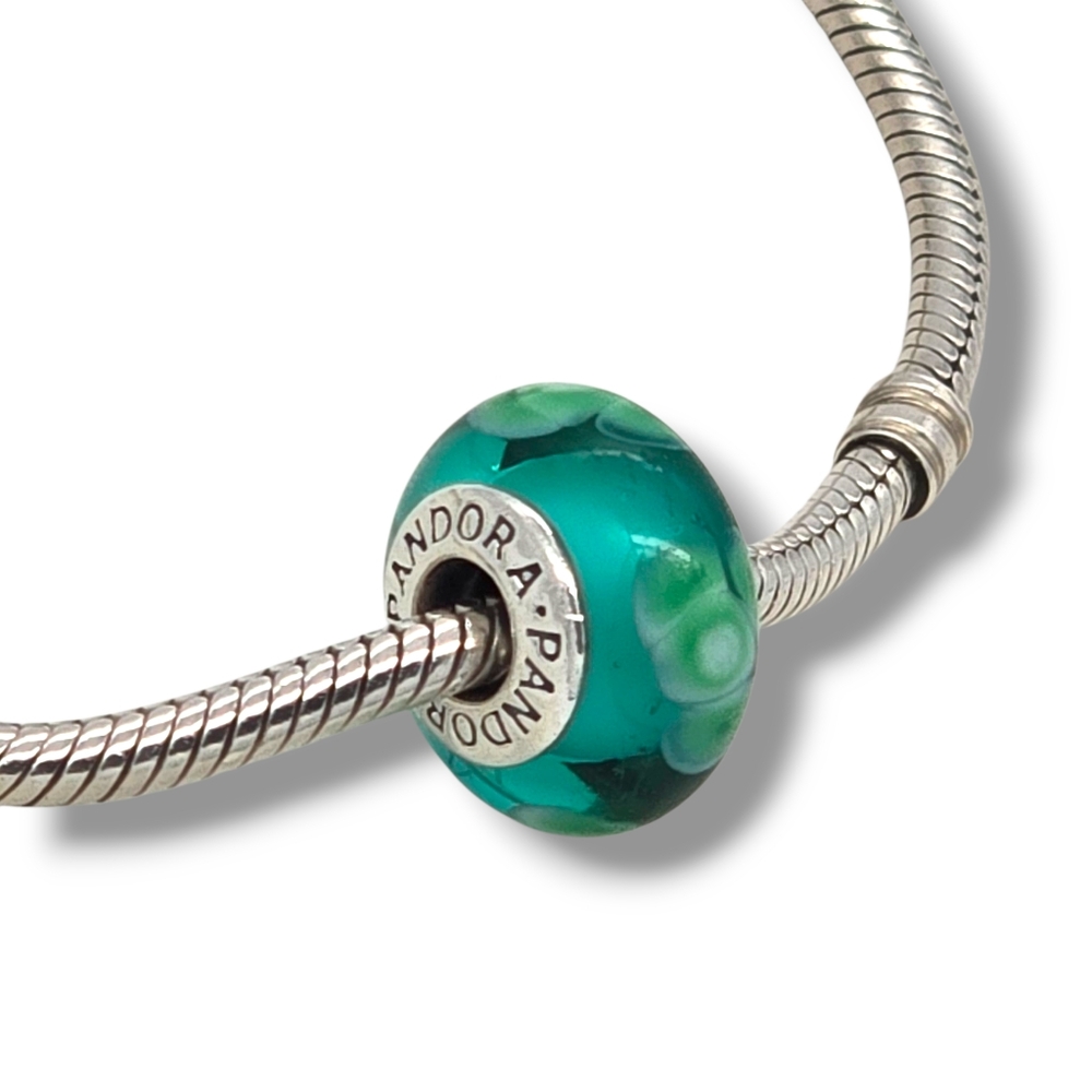 PANDORA Flowers For You Turquoise Green Murano Glass Bead Charm Retired - Picture 10 of 16